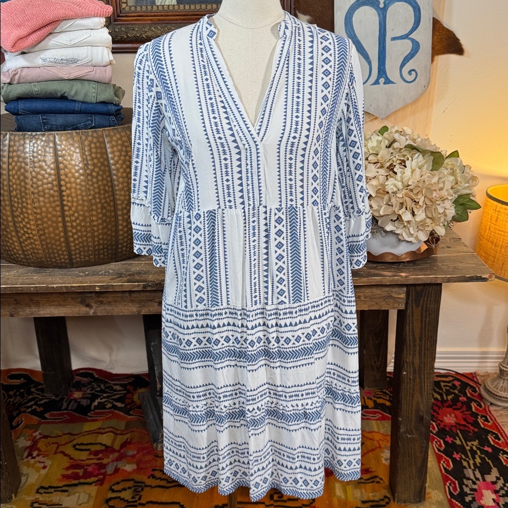 Blue & White Printed V-Neck Tiered Midi Dress